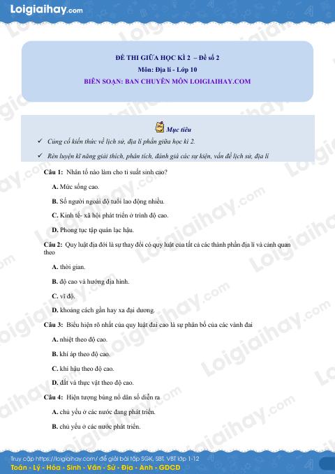Đề thi giữa kì 2 Địa lí 10 - Đề số 2